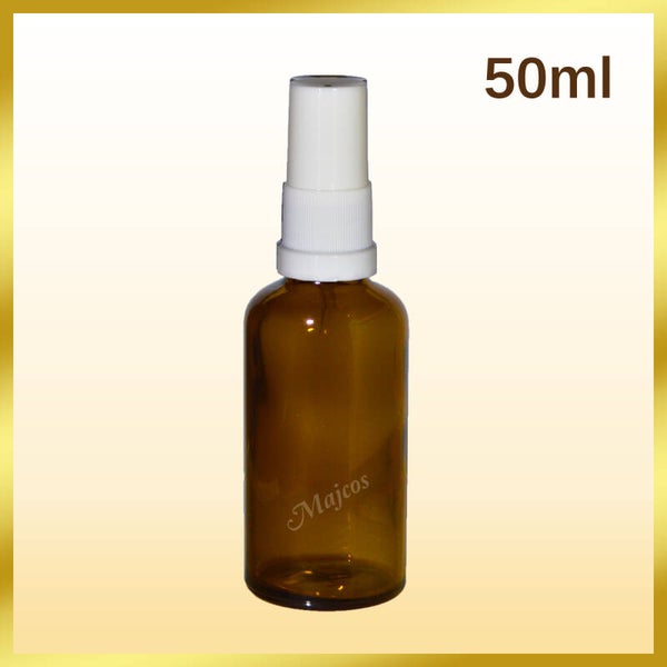 50ml empty Amber Glass Bottles with Tamper evident White Atomiser / Mist spray-White over Caps