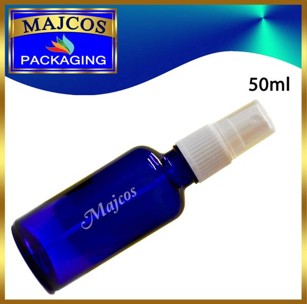 50ml empty Cobalt Blue Glass Bottles with White Atomizer / Mist Spray-Clear over Caps