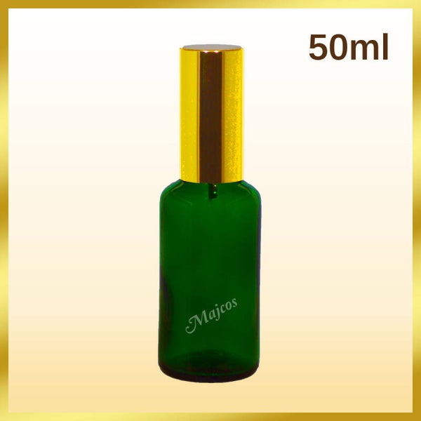 50ml empty Green Glass Bottles with shiny Golden Aluminium Atomiser / Mist spray