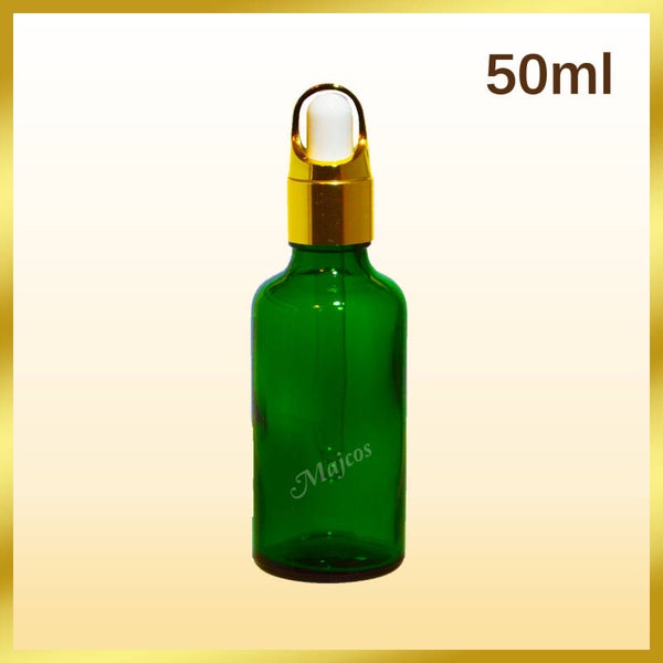 50ml Green Glass Bottles with shiny Golden BF White top Glass Pipette Dropper