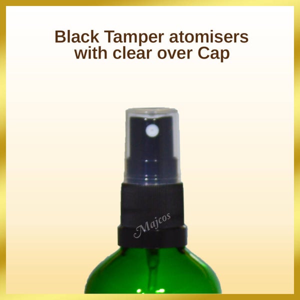Black tamper atomiser / fine mist Spray with clear overcaps
