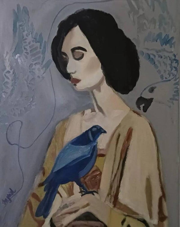 Woman holding a bird with an outline of eagle over her
