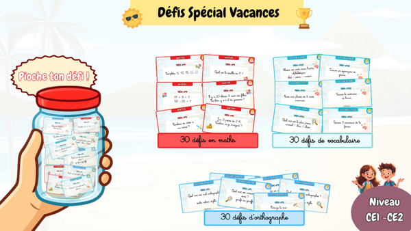 🎯 Pack de cartes défis éducatives – CE1 / CE2 (spécial vacances)