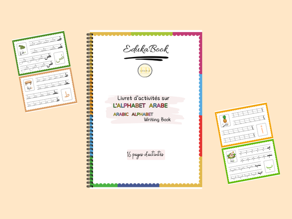 📘 Livret d’Activités – Apprendre à Écrire l’Alphabet Arabe (16 pages + Planche de Lettres à Scratcher)