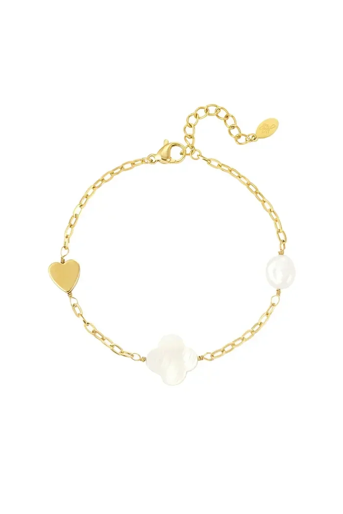 Armband pearl, heart & clover