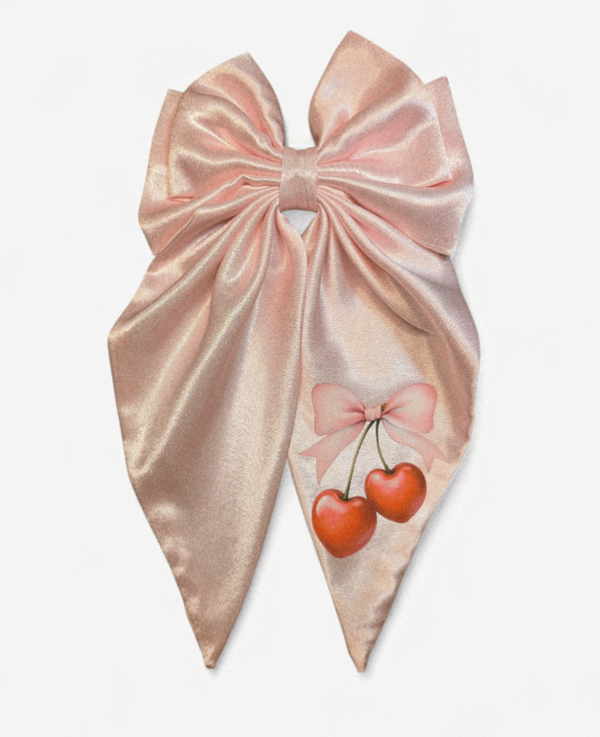 Pink Cherry Hearts satin coquette hairbow.
