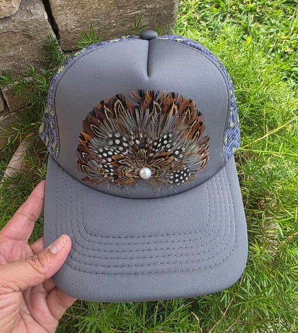 Grey Hat with Brown Feather Patch