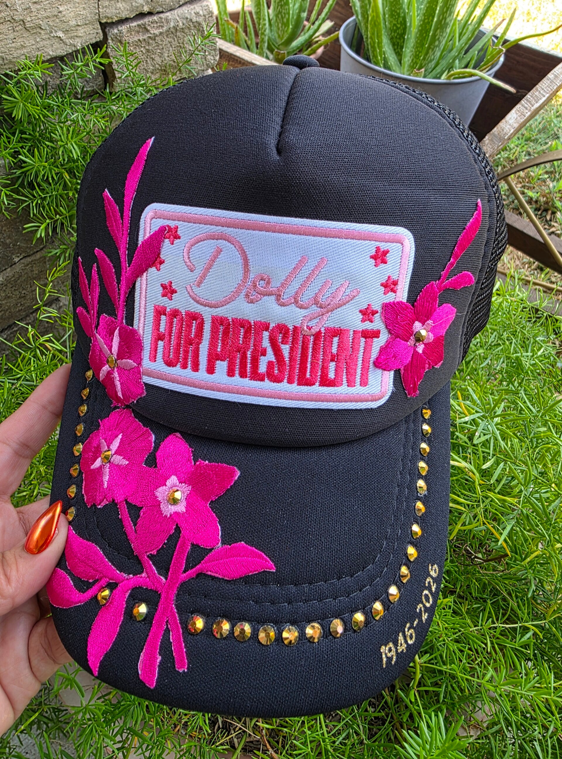 Dolly For President Embroidered Trucker Hat - Black & Hot Pink