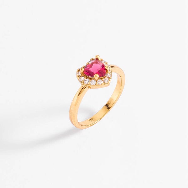 Ring with fuchsia heart-shaped crystal and gold plating