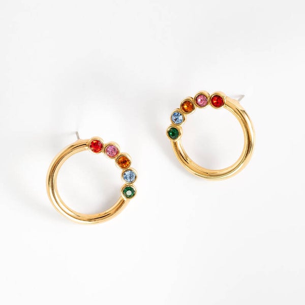 Gold plated hoop earrings with brilliant multicolor stones