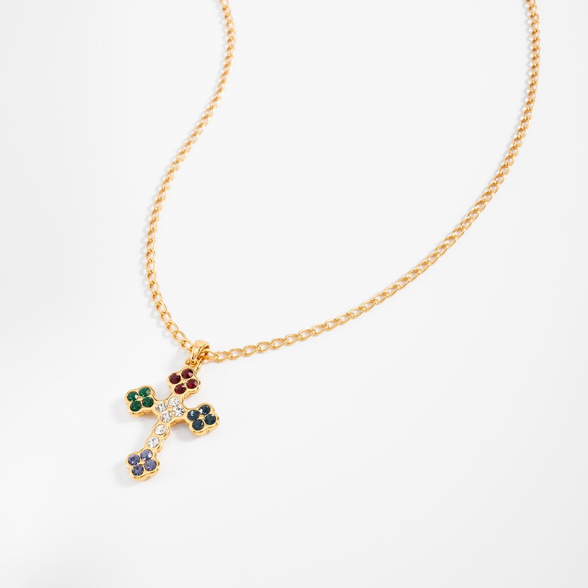 Gold plated necklace cross pendant brilliant multicolor stones.