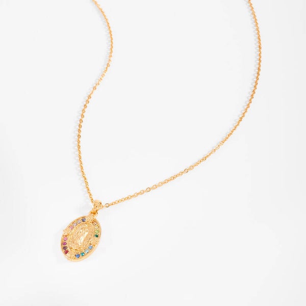 Gold plated necklace oval medal with brilliant multicolor stones