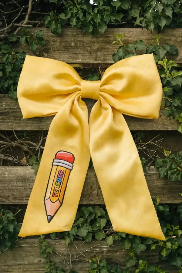 Teacher Hair Bow - Yellow Pencil Bow - Satin Long Tail Bow for Teachers