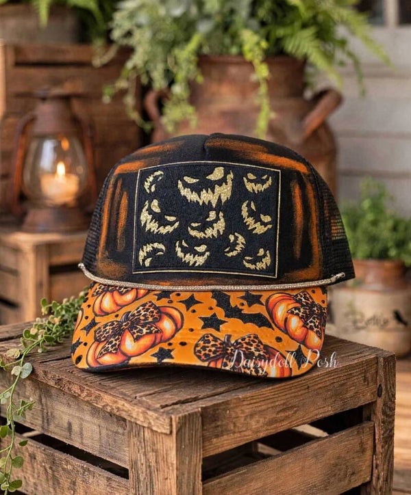 Spooky Sassy Pumpkin Trucker Hat - Halloween Glitter Jack-O-Lantern Cap with Leopard Bow Pumpkins