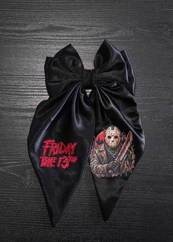 Friday The 13th Jason Bow - 12" Oversized Black Satin Bow - Horror Slasher Hair Bow