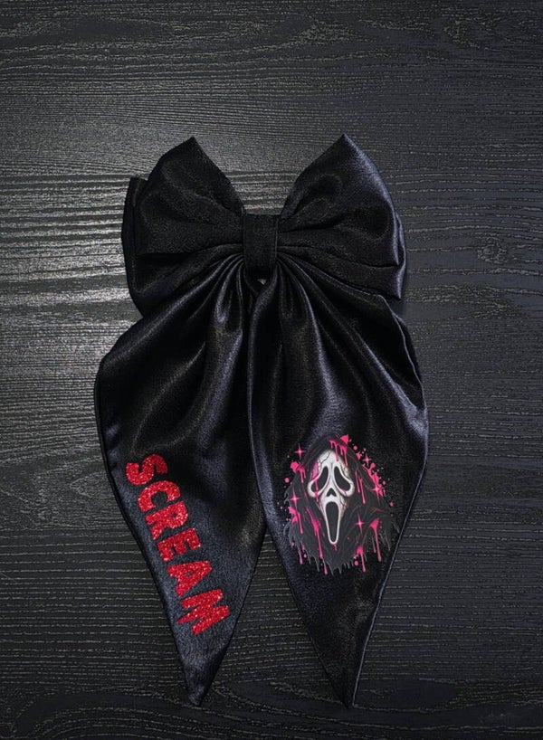 Scream Horror Bow - Black Satin Hair Bow with Ghostface - Pink Drip Halloween Bow