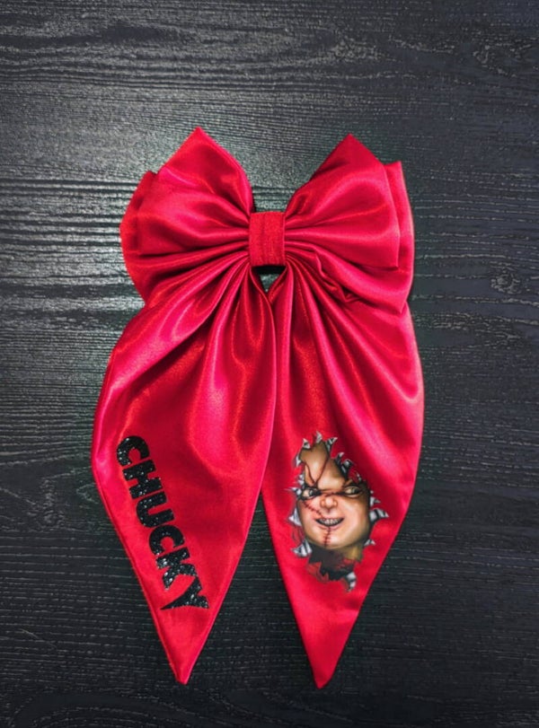 Chucky Horror Bow - Red Satin Hair Bow - Spooky Season Statement Bow
