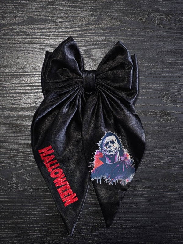 Michael Myers Halloween Bow - 12" x 6" Black Satin Bow - Halloween Horror Bow - Myers Bow
