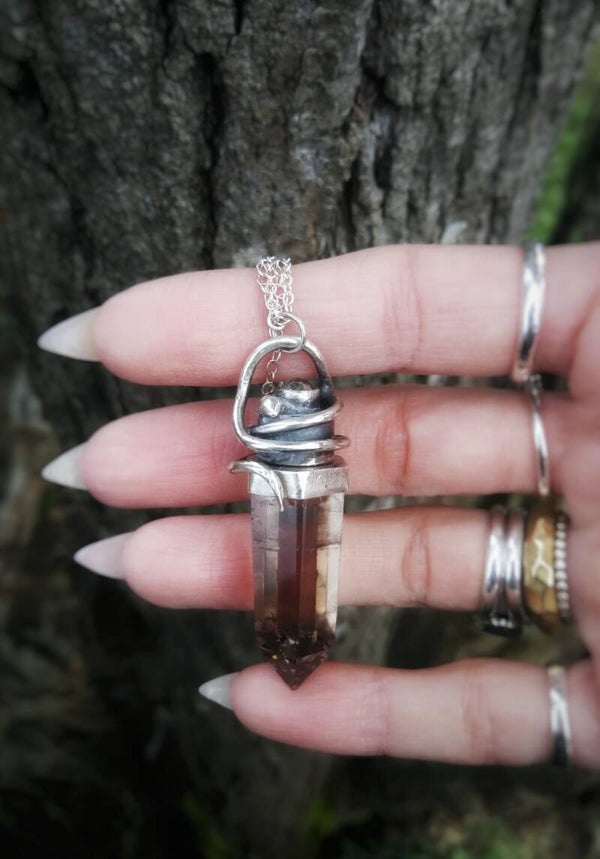 The Serpent Poison Amulet, Pyrite & smokey Quartz & sterling silver pendant.