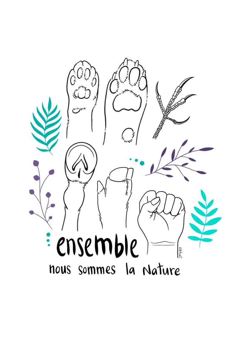 Ensemble de pattes et sabots d'animaux accompagné d'un poing humain : ensemble nous sommes la nature