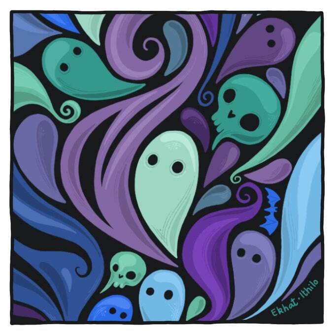 Motif tiré d'une illustration Ithilo représentant de la fumée formée de fantômes et de crânes