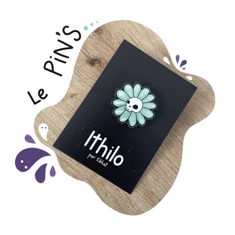 Pin's réalisé à partir d'une illustration de crâne en forme de fleur (marguerite)
