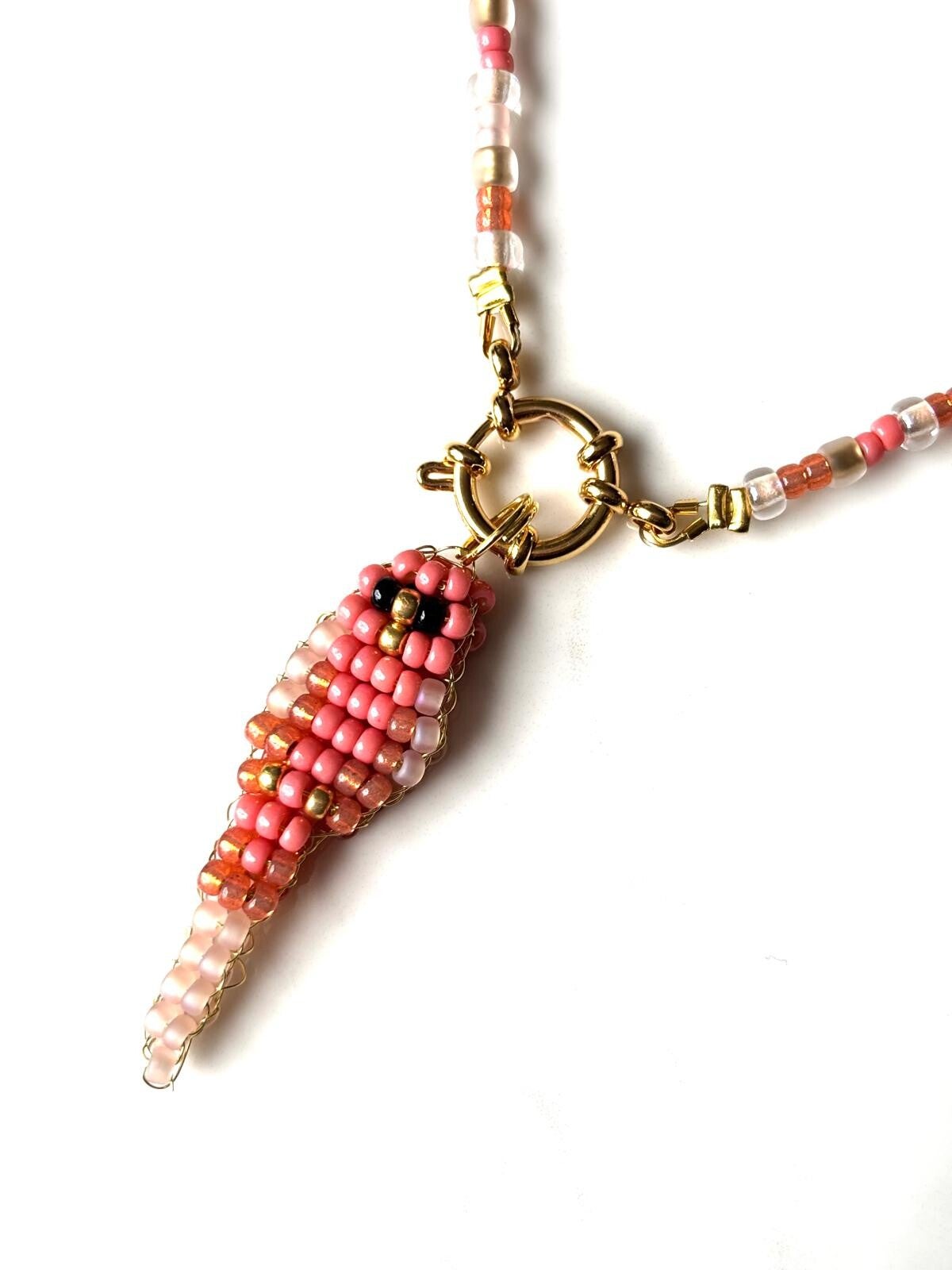 Kralenketting Zalm met Papegaai Bedel Hanger - Handgemaakte Statement Ketting