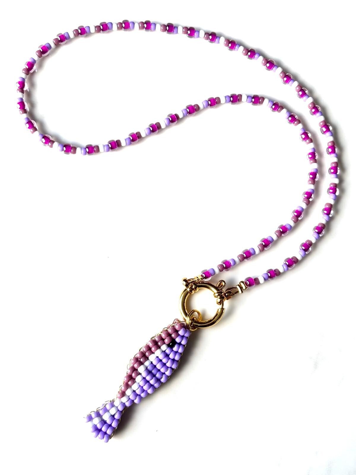 Kralenketting Lila met Vis Bedel Hanger - Handgemaakte Statement Ketting