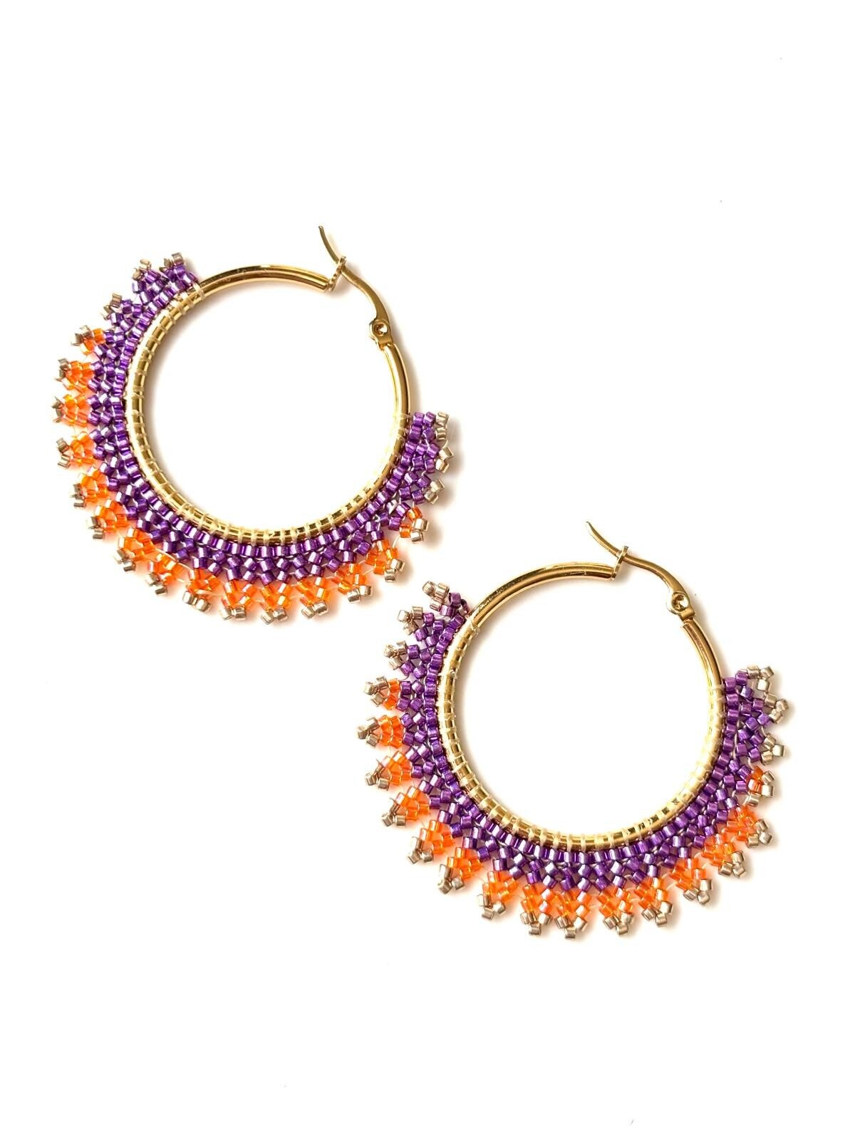 Handgemaakte Kralen Oorbellen - Beaded Creolen Paars Oranje Goud