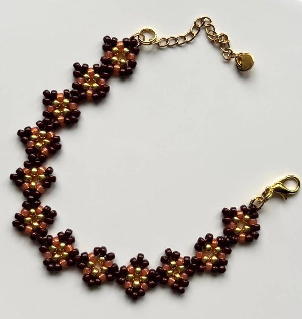 Bloemen Armband Bruin Goud - Handgemaakte Kralen Armband Bloemen