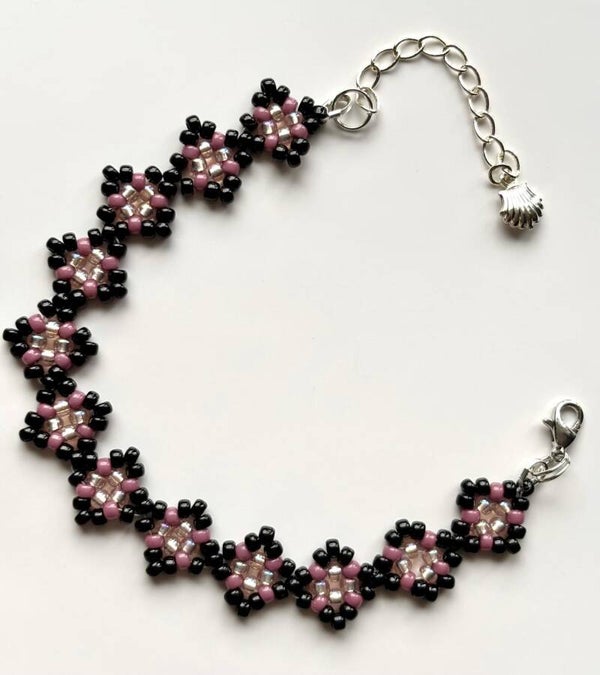 Bloemenarmband Zwart Roze - Handgemaakte Kralen Armband Bloemen