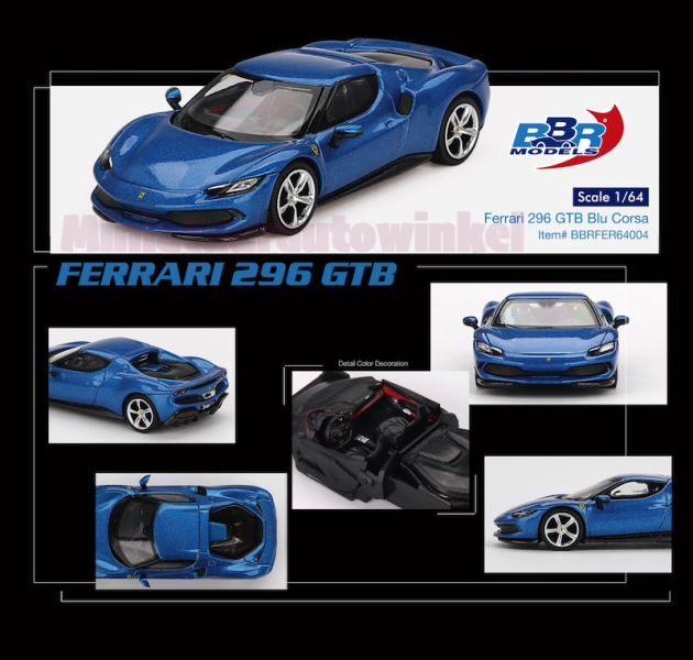 Ferrari 296 GTB '24, blauw (Blu Corsa) 1:64 BBRFER64004