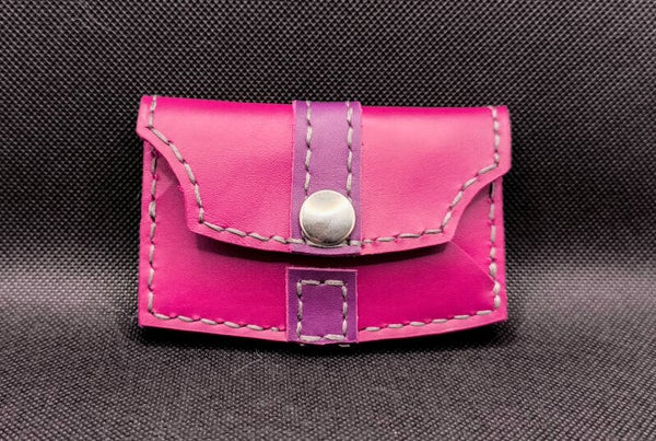 Oryginalny wizytownik handmade – skóra, róż + fiolet, 2 kieszenie