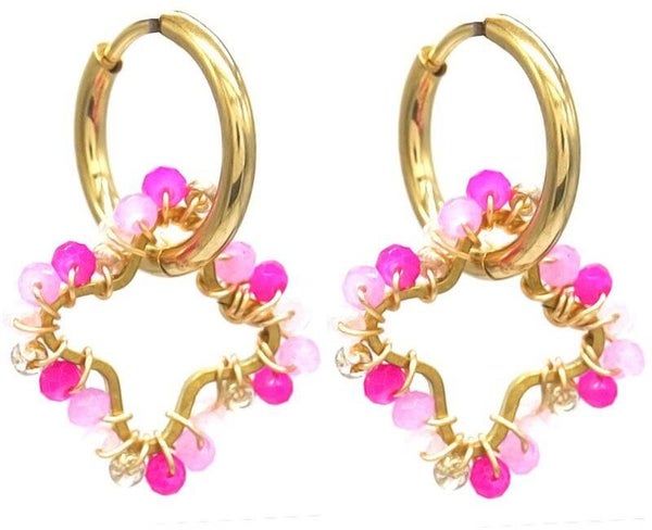 Oorbellen ‘glassbeads’ klaver goud | paars