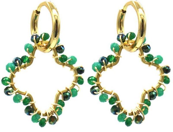 Oorbellen ‘glassbeads’ klaver goud | groen