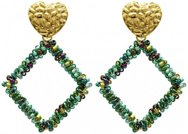 Oorbellen ‘glassbeads’ ruit goud | groen