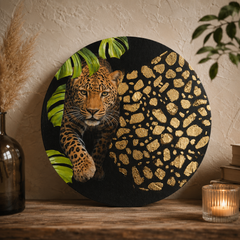 Handgemaakte muurcirkel van 20 cm met panter, tropische bladeren en gouden reliëfdetails op zwarte achtergrond