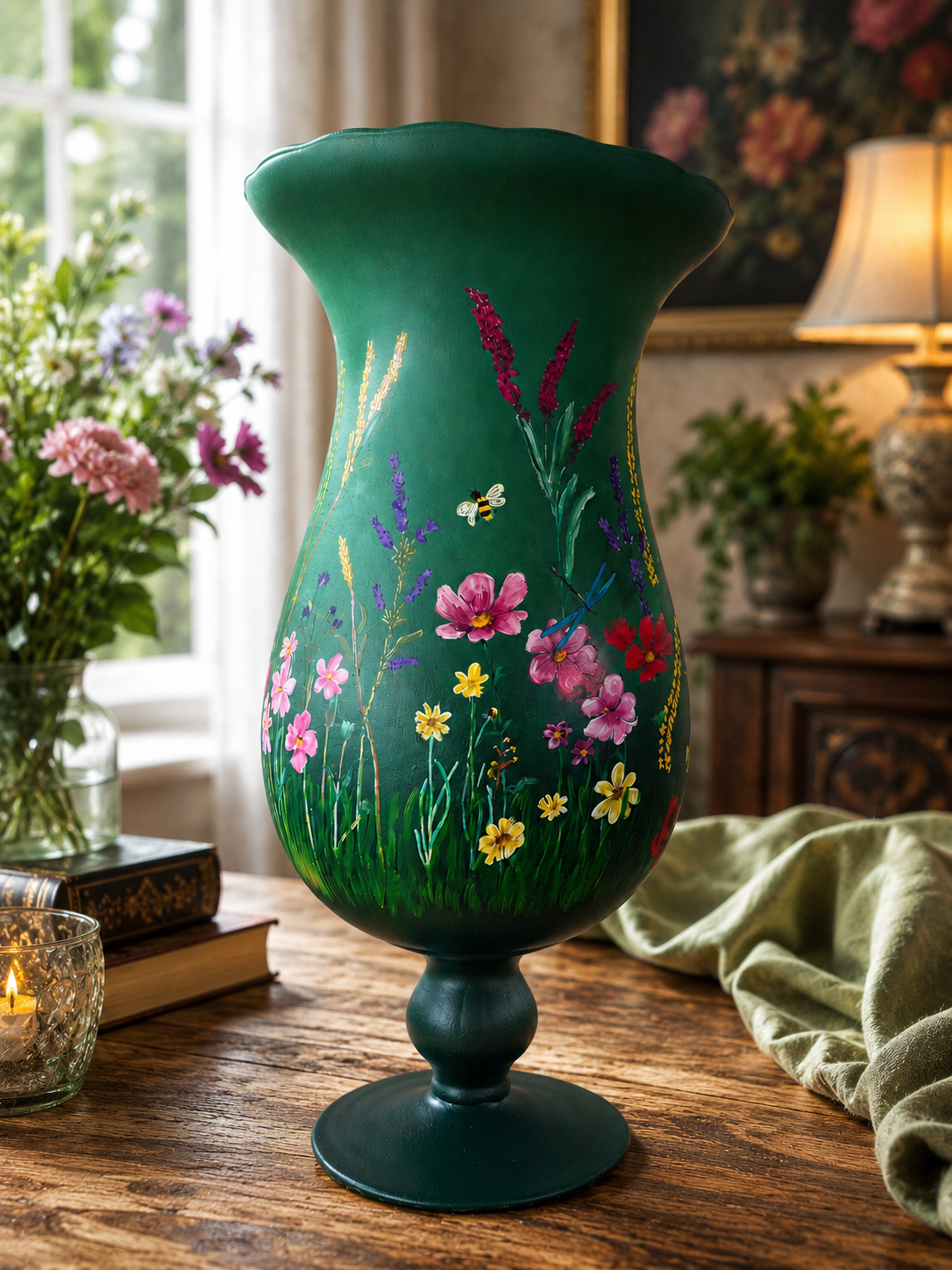 Handbeschilderde XL Vaas 'Zomerse Bloemenweide' – 50 cm – Uniek exemplaar