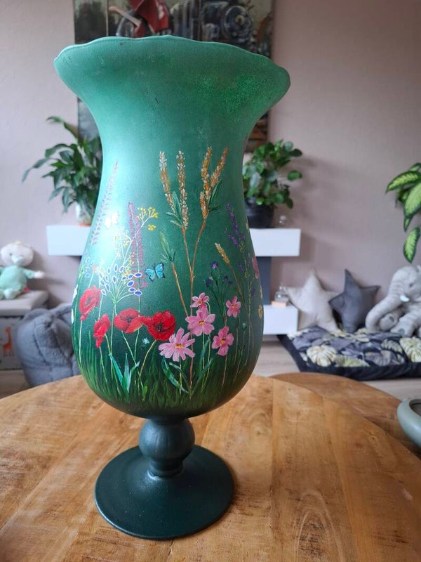 Handbeschilderde XL Vaas 'Zomerse Bloemenweide' – 50 cm – Uniek exemplaar
