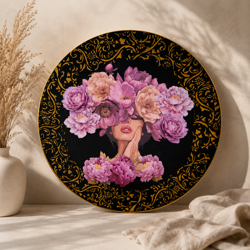 Zwarte handbewerkte muurcirkel met roze bloemen, vrouwelijk gezicht en gouden sierdetails, gemaakt met decoupage