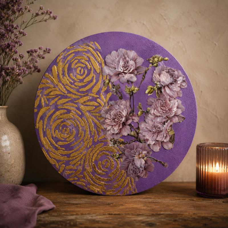 Handgemaakte paarse muurcirkel van 20 cm met bloemen, gouden reliëfpatroon en romantische uitstraling.
