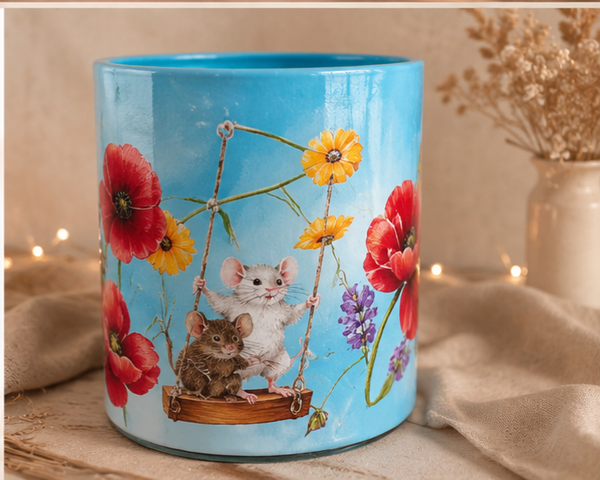 Zomerse glazen bloempot in blauw met schommelende muizen