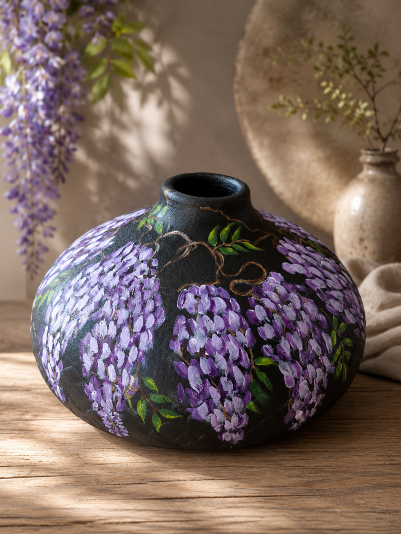 Handbeschilderde brede platte vaas van 16 cm met bloeiende wisteria (blauwe regen) in paarse en lila tinten