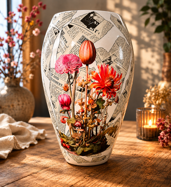 Met de hand bewerkte vaas met krantenpapier en bloemen | Uniek Moederdag cadeau