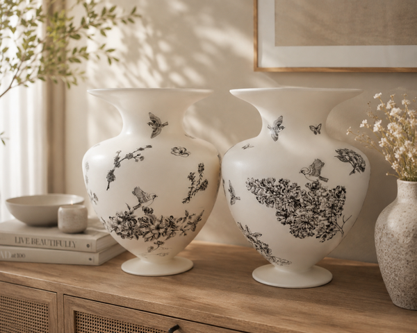 Grote roomwitte vaas met zwarte bloemen - White dream