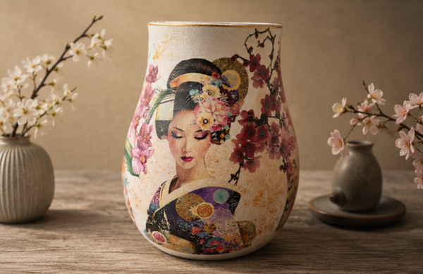 Witte vaas in Japanse stijl.  handgemaakt met decoupage – unieke woondecoratie