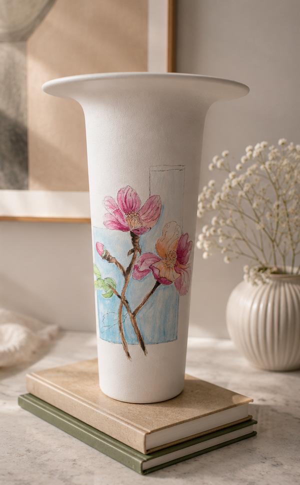 Handbeschilderde glazen vaas met magnolia en paarse tulp | Uniek cadeau