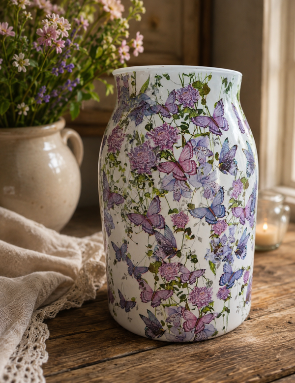 Handbewerkt wit vaasje met paarse bloemen en vlinders