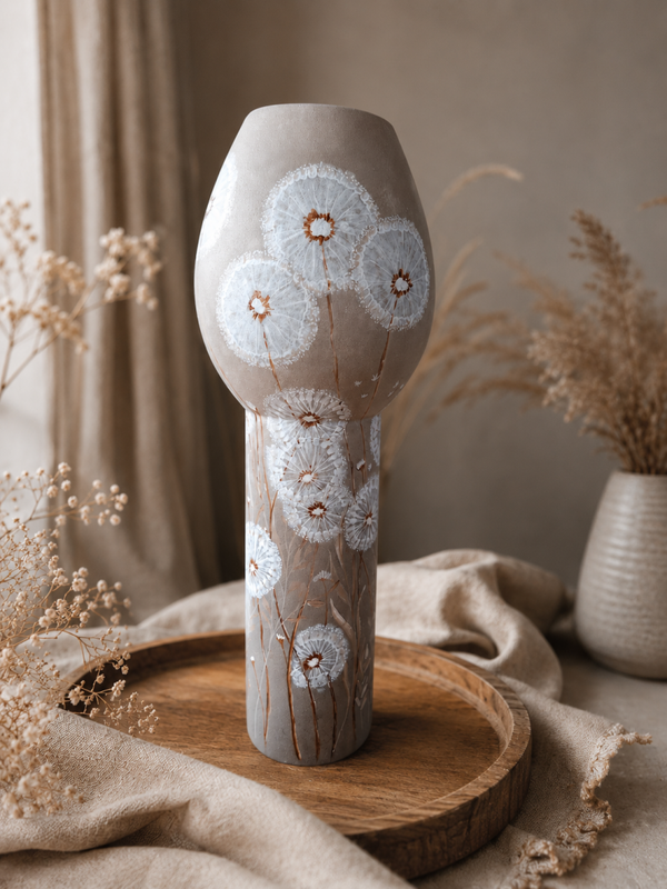 Handbeschilderde vaas met paardenbloemen – unieke woondecoratie