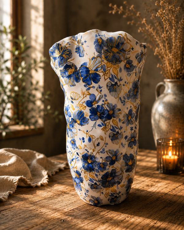 Grillig gevormde witte vaas met blauwe bloemen - Royal Blue